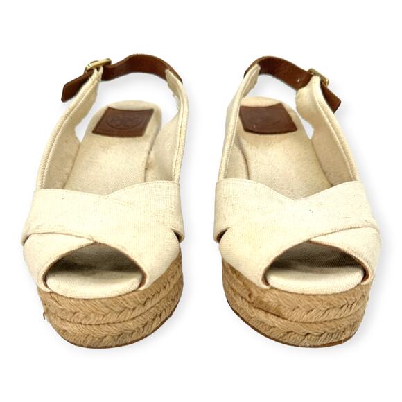 Tory Burch | Sz 6 | Cross-Front Canvas Low-Wedge Espadrille Leather Strap Sandal - Picture 4 of 10